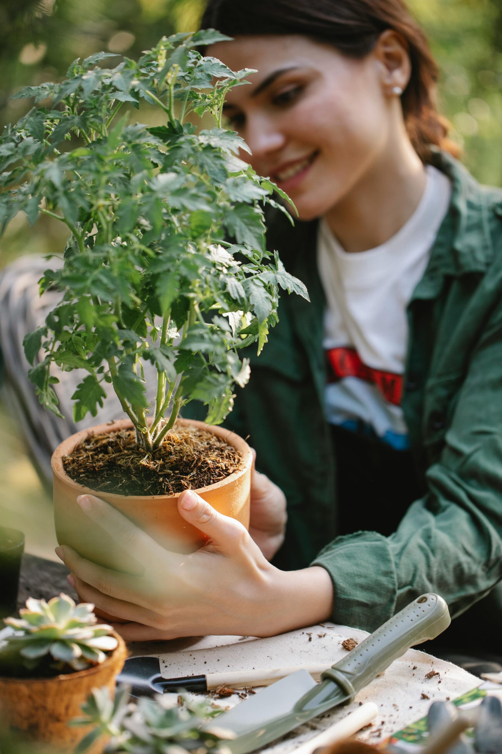 Gardener using tools to tend to plants in a home garden