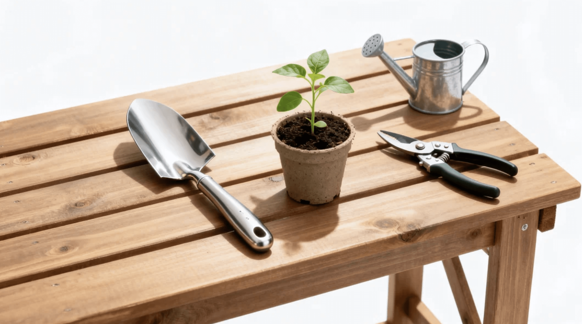 Beginner gardening tools on wooden table