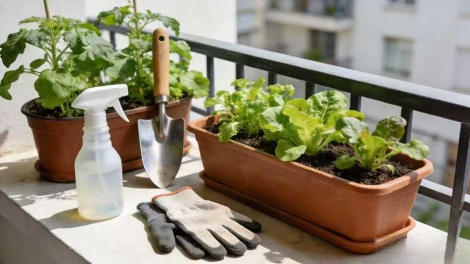 Small vegetable garden tools set on balcony, bright natural light
