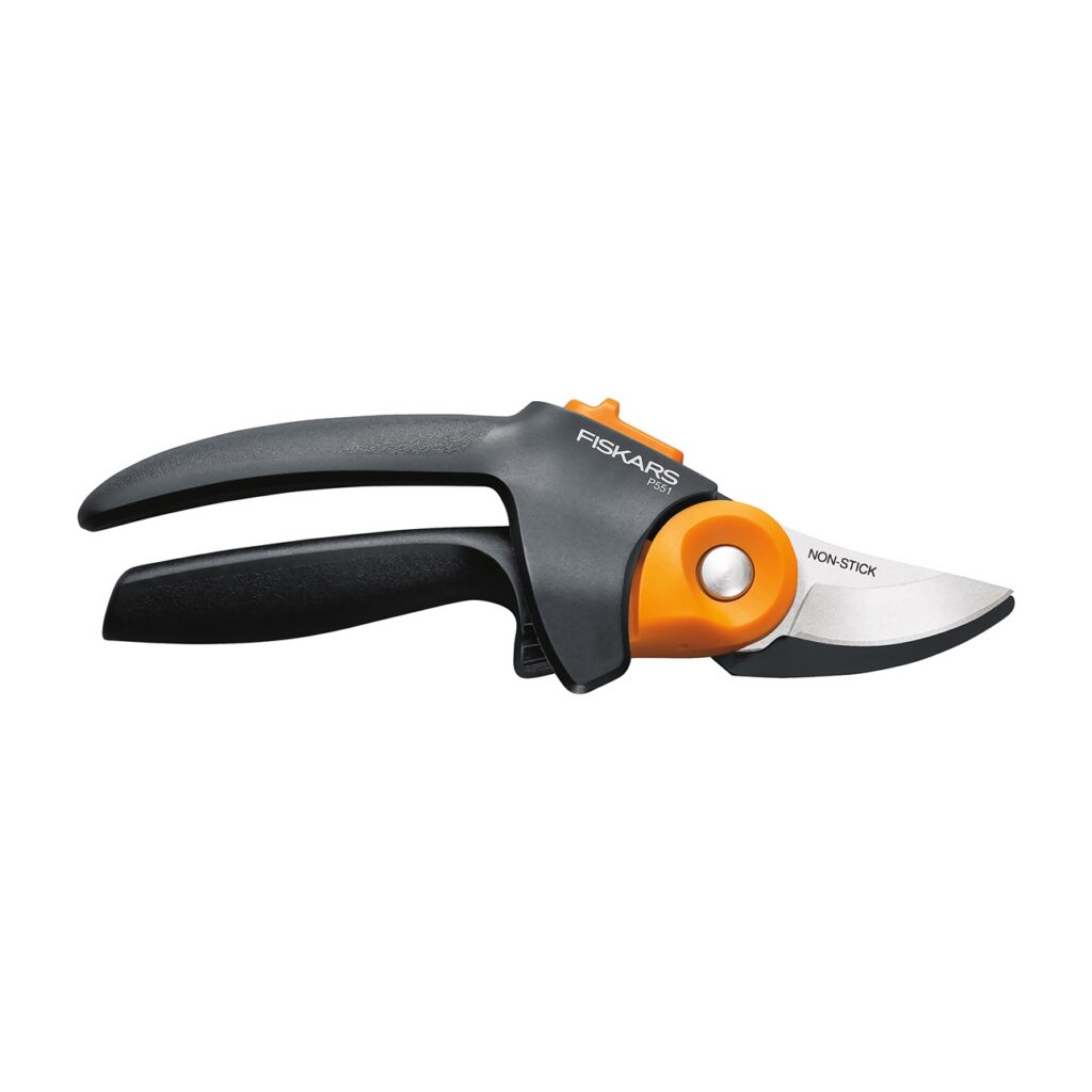 Fiskars PowerGear2 pruner with orange handle and gear mechanism close up