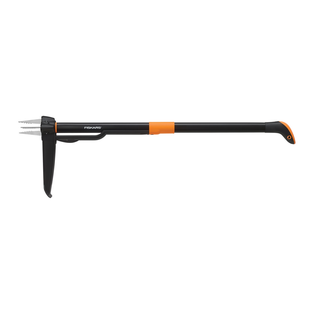 Fiskars 4-claw stand-up weed puller with long handle and foot pedal