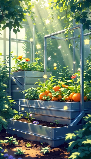 Metal raised garden bed filled with vegetables and herbs