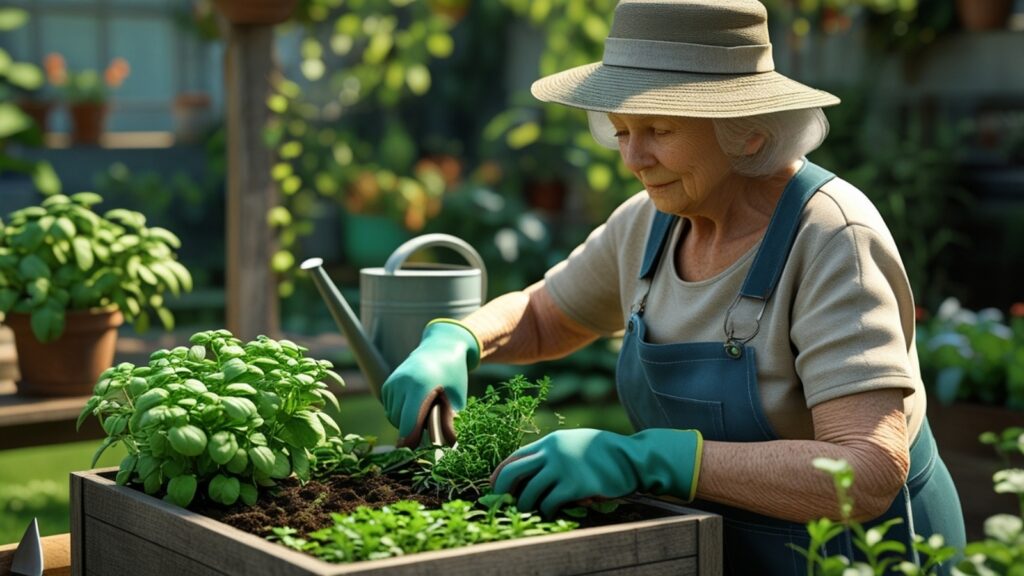 Senior using garden trowel in raised bed to plant vegetables
