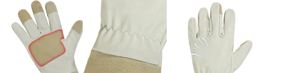 Close-up of puncture resistant leather glove material with reinforced fingertips