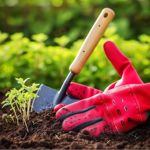 Scooping soil with a garden trowel to fill a planting pot
