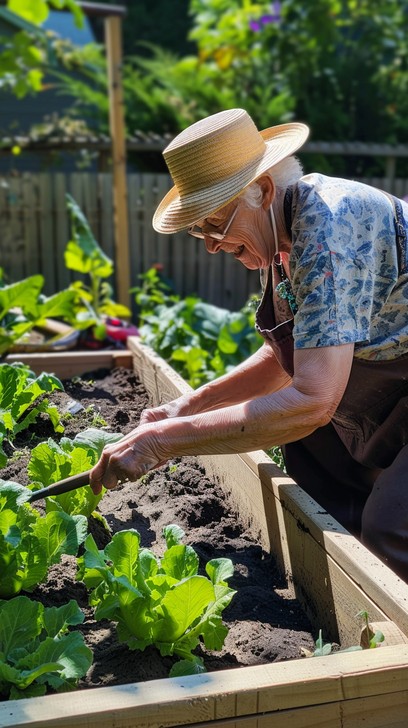 Senior gardener standing next to raised garden bed with vegetables