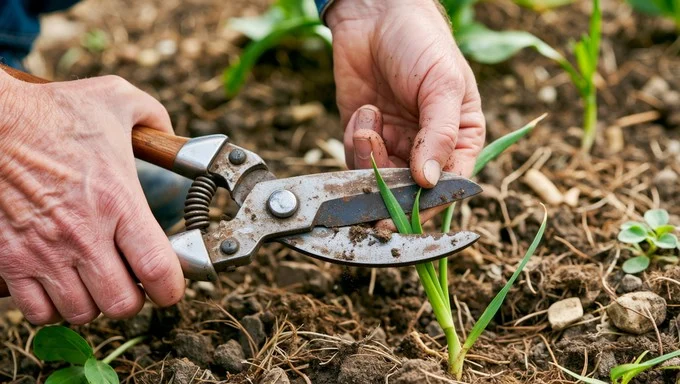 Sharpening pruning shears with a metal file on a workbench