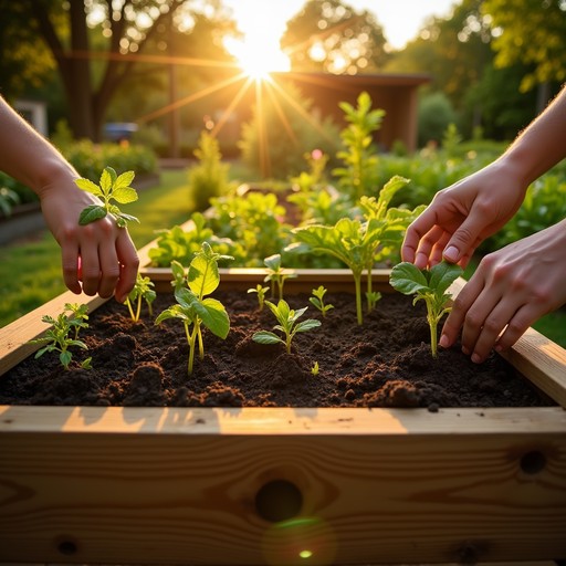 Wooden raised garden bed with wheels and healthy plants
