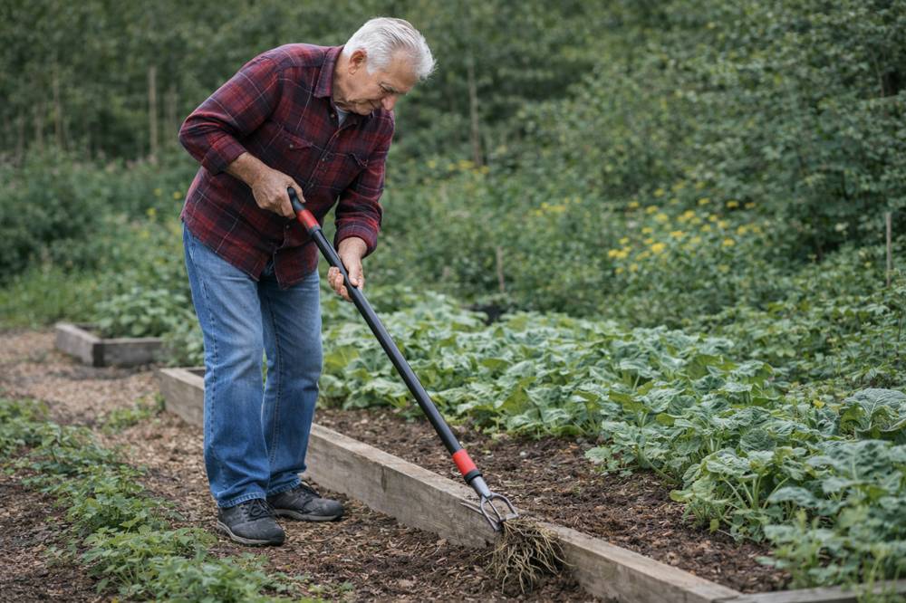 senior using long handle weeder to remove deep rooted weeds in raised garden bed