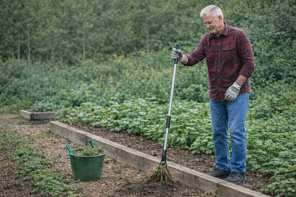 senior using long handle weeder while standing to remove weeds easily in garden
