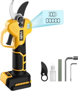 YAWV electric pruning shears with LCD display showing battery status